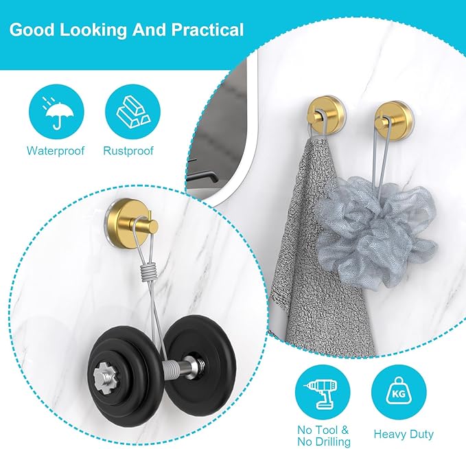 HUFEEOH Suction Cup Hooks for Shower, 2 Pack Wall Hooks Shower Towel Hook Towel Holder for Hanging, Removable Towel Suction Cup Hooks Bathroom Towel Hook for Towels (Gold)