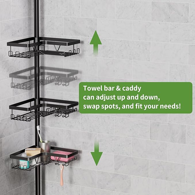 Taozun Shower Caddy Organizer Tension Pole, Rustproof 2 Towel Bars and 4 Adjustable Shelves, 25-114.2 Inch No-Drill Quick Installation, Extra Soap Dish for Bathroom Storage Black