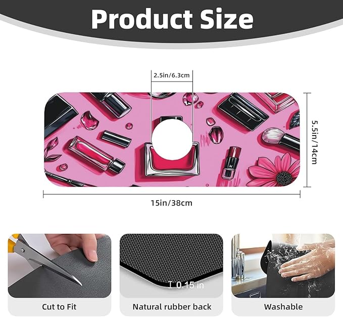 Beauty Makeup Set Pink 15" X 5.5" Kitchen Sink Splash Guard, Faucet Guard Draining Mat, Faucet Suction Pad For Kitchen Bathroom