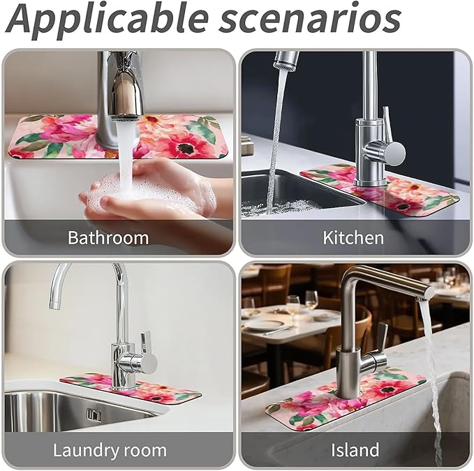 Kitchen Sink Splash Guard，Pink floral watercolor Faucet Mat Sink Gadgets-Super Absorbent Fast Drying Mat Drip Catcher for Kitchen, Bathroom,Sink Mat, Dish Drying Mat, Bathroom(15" X 5.5" )
