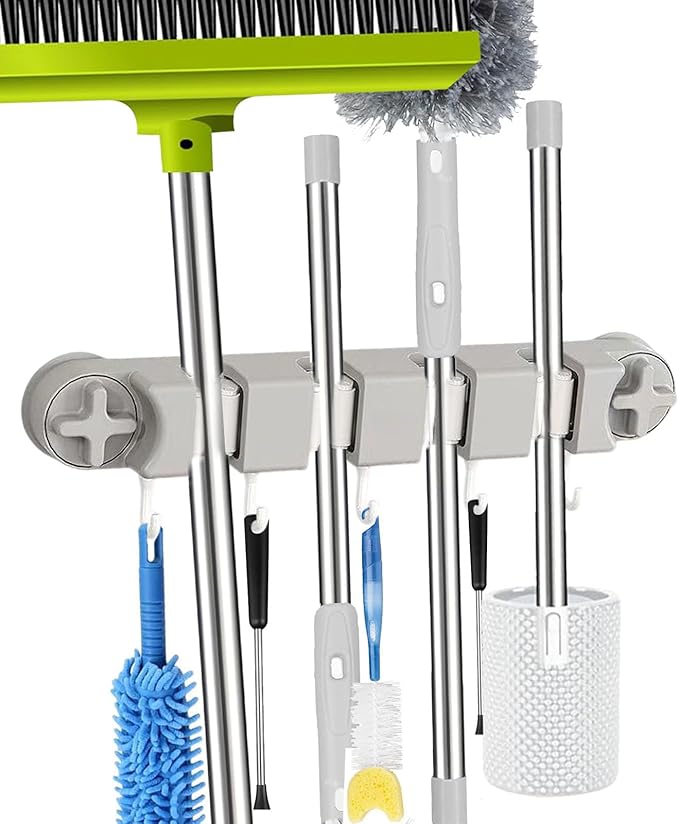 Removable No-Drill Mop Holder & Broom Holder Wall Mount Suction Cup Broom Hanger with 4 Slots & 5 Hooks for Laundry Room Organization Kitchen Garage – Mop and Broom Holder Wall Hanging Tool Organizer