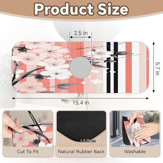 Petals Stripe Kitchen Faucet Mat Splash Guard, 15.4”x5.7” Absorbent Quick Drying Sink Mat for Countertop Protection, Draining Mat Sink Protectors For Kitchen Bathroom, 2 Pack