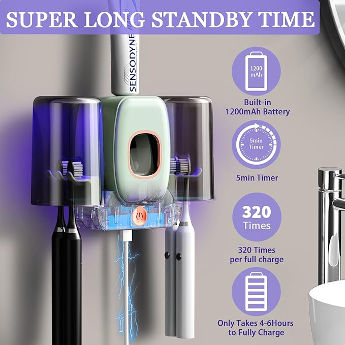 Toothbrush Holders for Bathrooms,Rechargeable Cordless Wall Mounted Tooth Brushing Holder,Electric Toothbrush Holder with 2 Cups,4 Toothbrush Slots,Toothpaste Dispenser (Green)