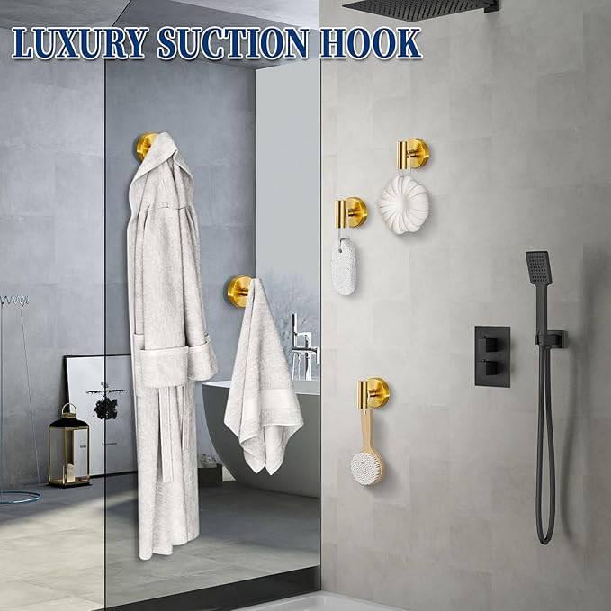 Heavy Duty Reusable Suction Cup Hooks for Shower - No Drill Bathroom/Glass/Mirror/Tiles & Metal Surfaces,and Smooth Non-Porous Surfaces for Towels, Robes, Loofahs (4, Brushed Gold)