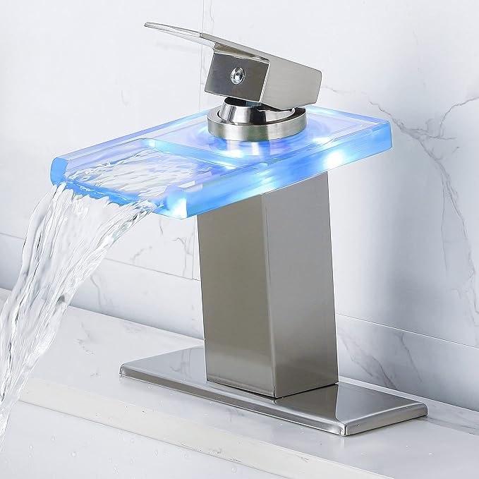 LED Bathroom Sink Faucet - Brushed Nickel Single Hole or 4 Inch Centerset Waterfall Faucet with Glass Spout and Temperature-Sensitive LED Lights, Includes Deck Plate