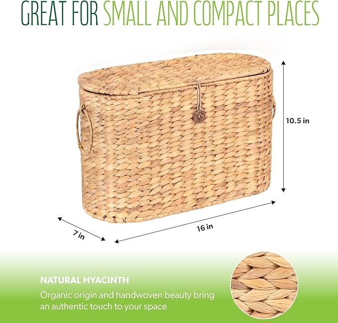 Toilet Paper Storage, Water Hyacinth Baskets with Lid, Toilet Paper Baskets for Storage Holder 6 Rolls, Papers Basket with Built-in Handles for Organizer, Bathroom Accessories Organizer