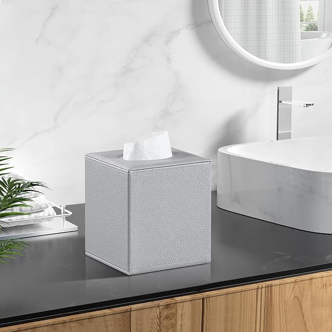 PU Leather Tissue Box Cover Square Tissue Box Holder with Magnetic Closure, Decorative Tissue Holder for Bathroom Bedroom Office (Silver)