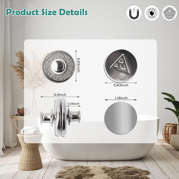 8 Pcs Shower Curtain Weights Magnetic with Back Tack, Keep Curtain Liners Closed&Tight to Side Walls, Windproof Stop Protect Splash Clips Heavy Strong Magnets Add Weight with 16 Patch, for All Tubs