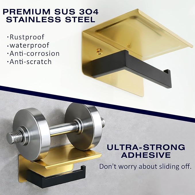 Alise Toilet Paper Holder with Shelf,SUS304 Stainless Steel Toilet Paper Roll Holder Bathroom Tissue Holder Storage Dispenser,Self Adhesive or Wall Mount Drilling,Gold and Black Finish