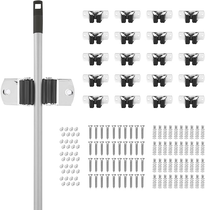 Superio Mop and Broom Holder, Set of 20 Single Piece Hooks, Stainless Steel Wall Mount Cleaning Storage Tool Organizer, Heavy-Duty Hook for Kitchen, Closet Garage, and Office