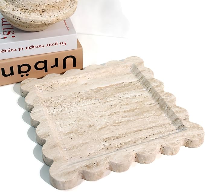 Natural 100% Marble Vanity Tray Luxury Scalloped Marble Tray, Travertine Tray for Home Decor Bathroom Kitchen Candle Key (Square-9.8 * 9.8-Beige Travertine)