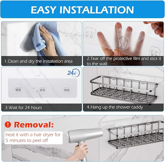 Lsnisni 10 Pack Shower Caddy Adhesive Replacement, Shower Adhesive Strips, Strong Adhesive Hooks, Waterproof Sticker, No Drilling, for Bathroom Shelf and Kitchen Racks