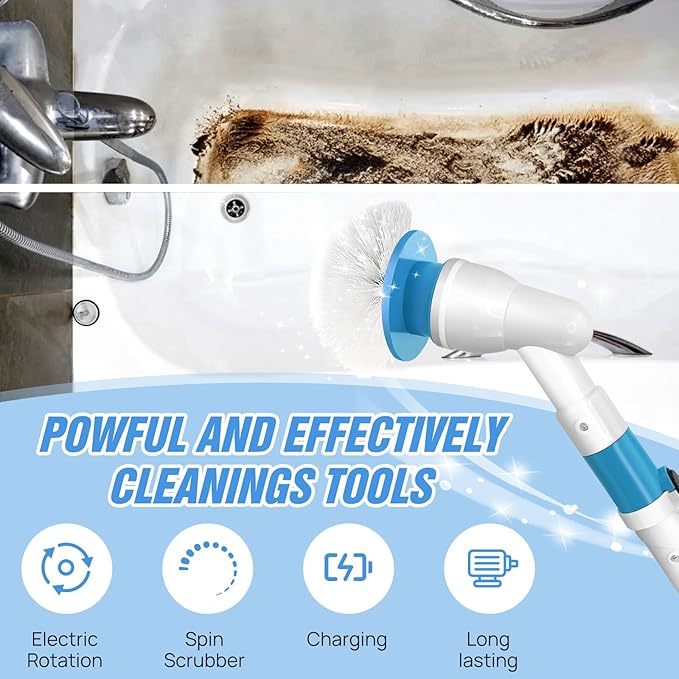Electric Spin Scrubber 3200RPM Cordless Cleaning Brush - Adjustable Extension Handle (56cm to 105cm), Cordless Power Shower Scrubber with 3 Brush Head for Bathroom, Tub, Tile, Floor