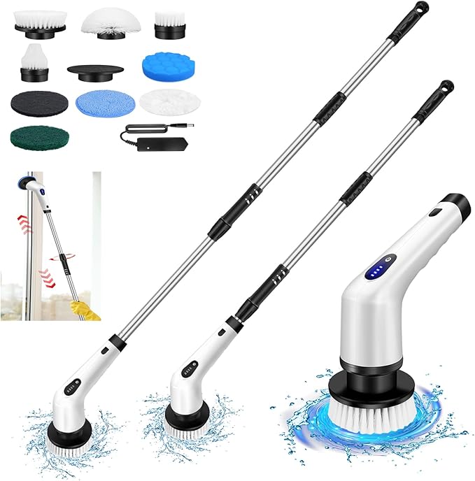 Electric Spin Scrubber, Shower Scrubber, Cordless Bath Tub Power Scrubber with Long Handle & 10 Brush Heads, Cordless Cleaning Brush for Cleaning Bathroom Floor Kitchen