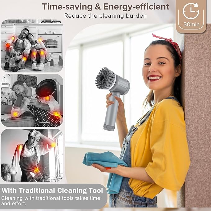 Electric Cleaning Brush, Rechargeable Multifunctional Scrubber for Kitchen and Bathroom, IPX6 Waterproof, 350rpm High Speed, 1500mAh Battery, with Multiple Brush Heads (grey, 5 brush heads)
