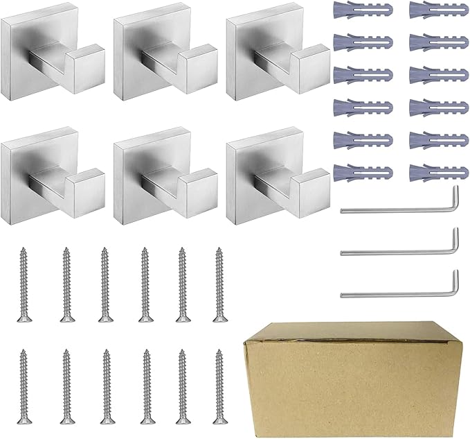 Nolimas Towel Hook Stainless Steel Bathroom Rustproof Clothes Towel Coat Hook Wall Mounted Square Toilet Kitchen, Heavy Duty Door Hanger, 6 Pack, Brushed Nickel