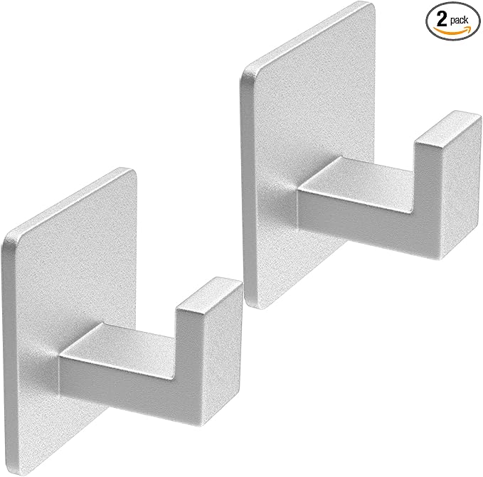 VAEHOLD Adhesive Towel Hooks, Heavy Duty Wall Hooks Aluminum Black Hooks for Hanging Coat, Hat, Towel, Robe, Clothes, Shower Hook for Door, Office, Kitchen, Bathroom - 2 Pack (Silver)