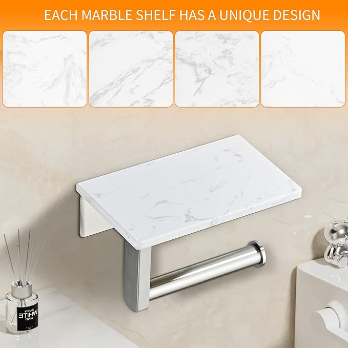 Brushed Nickel Toilet Paper Holder with Shelf, 304 Stainless Steel Screw Wall Mounted, Marble Tissue Roll Holder with Storage