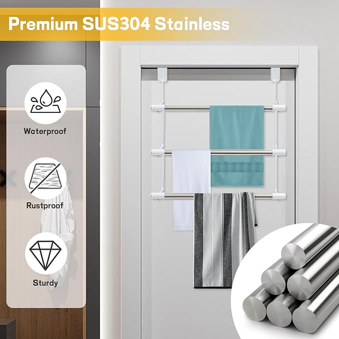 Over The Door Towel Rack, 3 Tier Stainless Steel Bathroom Towel Holder, Heavy Duty Space Saving Organizer No Drill Towel Rack for Bathroom, Bedroom, Kitchen, Dorm, RV