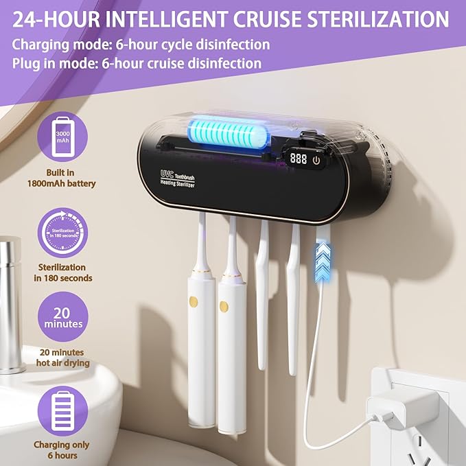 Toothbrush Holders for Bathrooms,Electric Toothbrush Holder with 24-Hour Smart Cycle Cleaning and hot air Drying, LED Display, Rechargeable Wall Mounted Tooth Brushing Holder (Black)