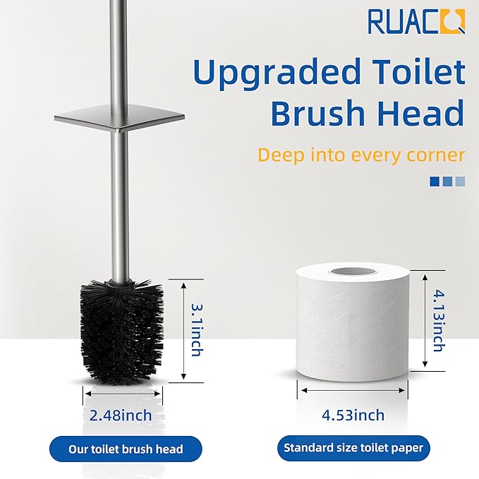 RUACQ Toilet Brush and Holder Set,Square Toilet Bowl Brush for Bathroom with 304 Stainless Steel Handle Toilet Cleaner Brush with Durable Scrubbing Bristles,Splash-Proof (Brushed Nickel)