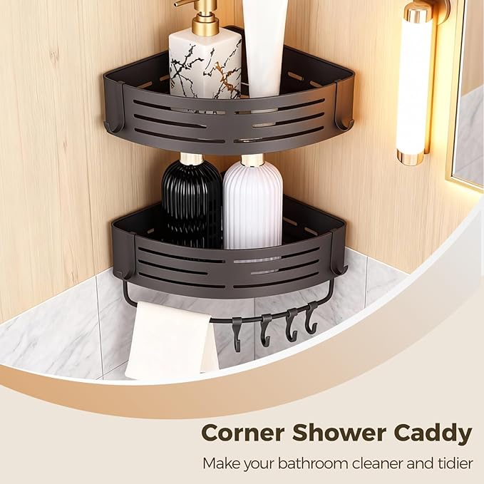2 Pcs Corner Shower Caddy, No Drilling Aluminum Organizer, Triangular Bathroom Shelves with Towel Bar & Hooks, Rustproof Wall Mount Space-Saving for Shower & Kitchen