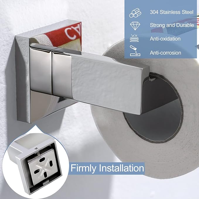 TQKAG Polished Stainless Steel Toilet Paper Holder,Modern Square Tissue Roll Holders Wall Mount, Toilet Paper Roll Dispenser for Kitchen Washroom