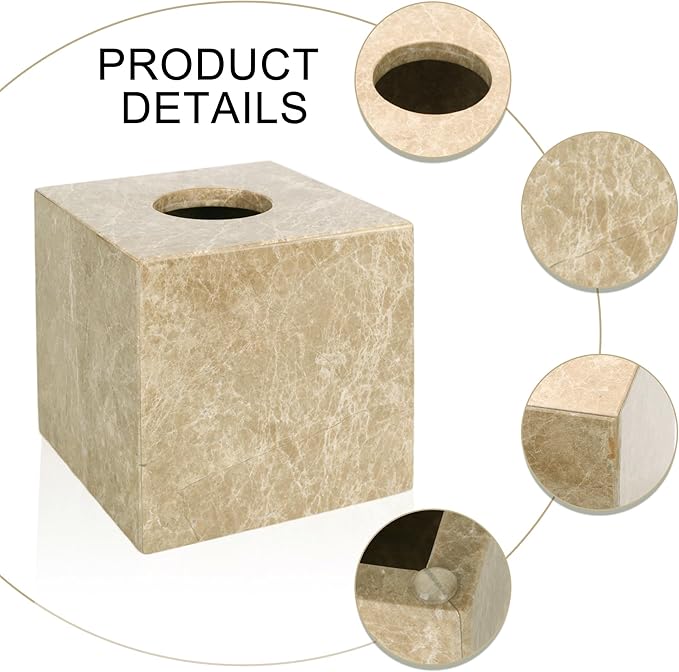 Natural Marble Tissue Box Holder Cover, Square Cube Tissue Box Holder with Open Bottom for Bathroom Vanity Tops, Bedroom Dressers, Kitchen Countertop, Light Brown (NS042)