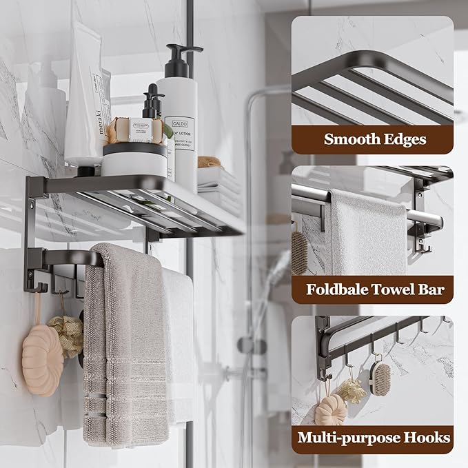 Towel Racks for Bathroom, 24inch Foldable Towel Holder with Double Towel Bars, Rustproof Towel Organizer Towel Hanger, Wall Mounted Bath Towel Shelf with 7 Hooks for Bathroom, Lavatory - Grey