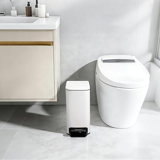 6 Liter 1.6 Gallon Small BathroomTrash Can with Soft Lid W5.9 in Slim Garbage Can with Inner Bucket Dust Bin Waste Bin Bathroom Garbage Can Pedal Powder Coated Metal White