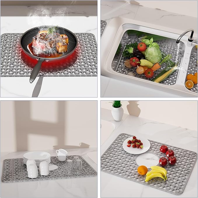 TOOVEM Kitchen Sink Mats, 11.5 x 18.2 Inch Sink Protectors for Kitchen Sink, Silicone Heat Resistant Non-Slip for Bottom of Kitchen Stainless Steel Sink Mats, Grey