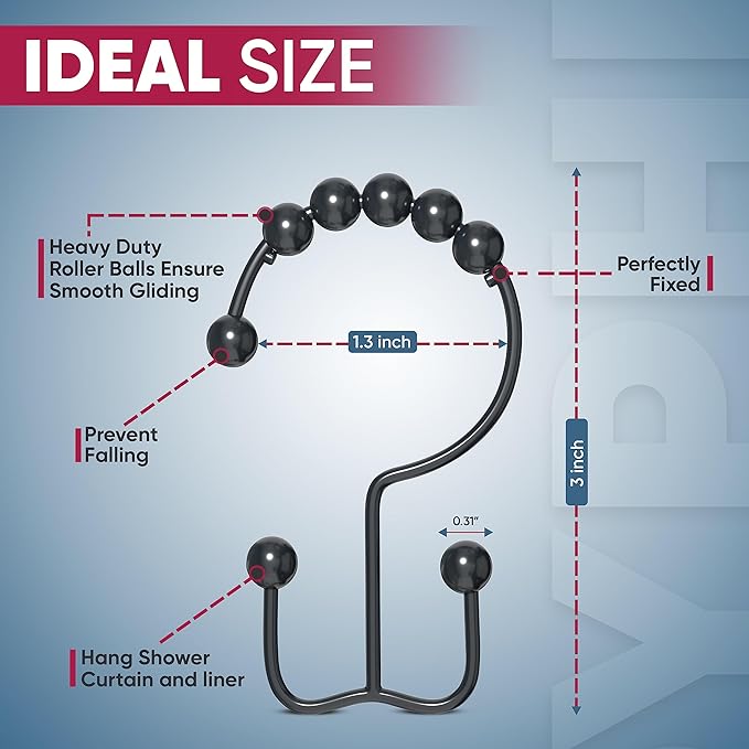 Shower Curtain Hooks Rust Proof (Set of 12) - Stainless Steel Shower Curtain Rings - Anti Slip Roller Balls for Easy Glide (Double Anchor Hooks, Matte Black)