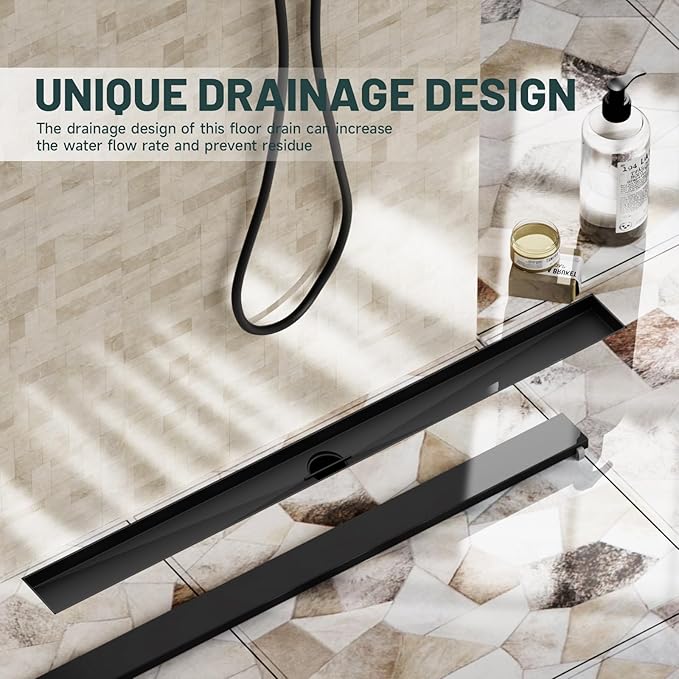 32-Inch Linear Shower Floor Drain, Stainless Steel Bathroom Floor Drains, Rectangular Shower Trench Floor Drain, Hair Strainer, Matte Black