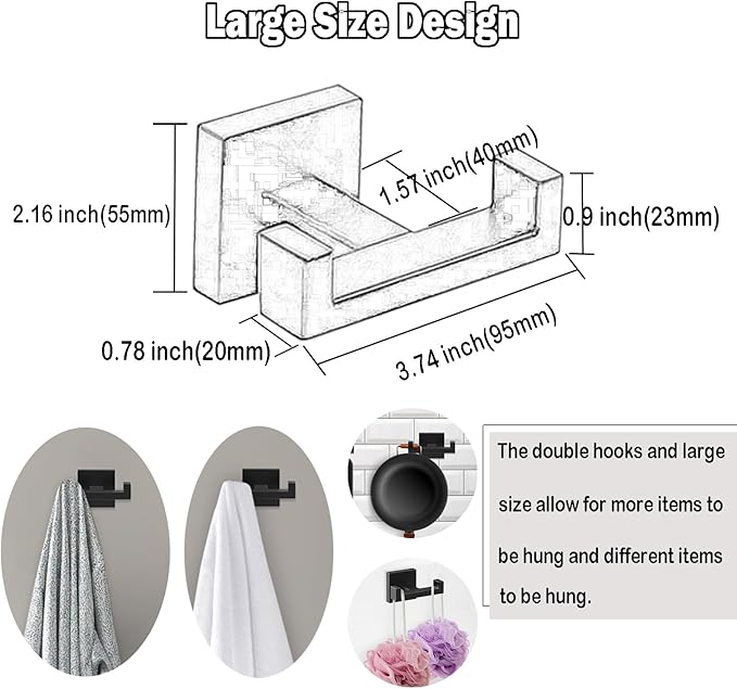 BOZWELL Double Towel Hooks for Bathroom Matte Black Wall Mount，Simple Modern Square Style Coat Robe Hook，Stainless Steel Heavy Duty Door Hanger for Bathroom Bedroom Kitchen Hotel Pool 1502-B-1