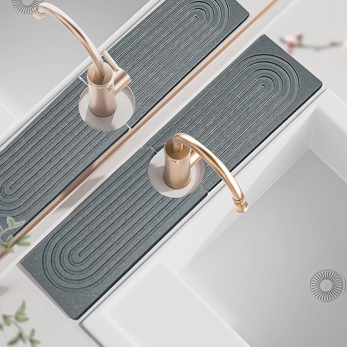 Faucet Mat for Kitchen Sink, Super Absorbent Diatomite Fast Drying Stone, Sink Splash Guard and Bathroom Stone Tray, Stone Drying Mat for Counter (Dark grey, 15.8" x 4")