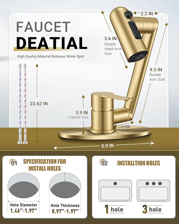 Single Handle Bathroom Faucet, 1080° Swivel Rotatable Faucet with 6'' Deck Plate, Short Bath Sink Faucets for Kitchen Rv Bath Lavatory Sink 1 or 3 Hole, Brushed Gold