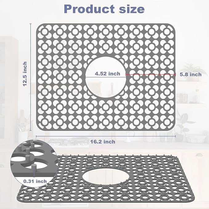 TOOVEM Kitchen Sink Mats, Sink Protectors for Kitchen Sink, 11.5 x 16.2 Inch Silicone Heat Resistant Non-Slip for Bottom of Kitchen Stainless Steel Sink Mats, Grey