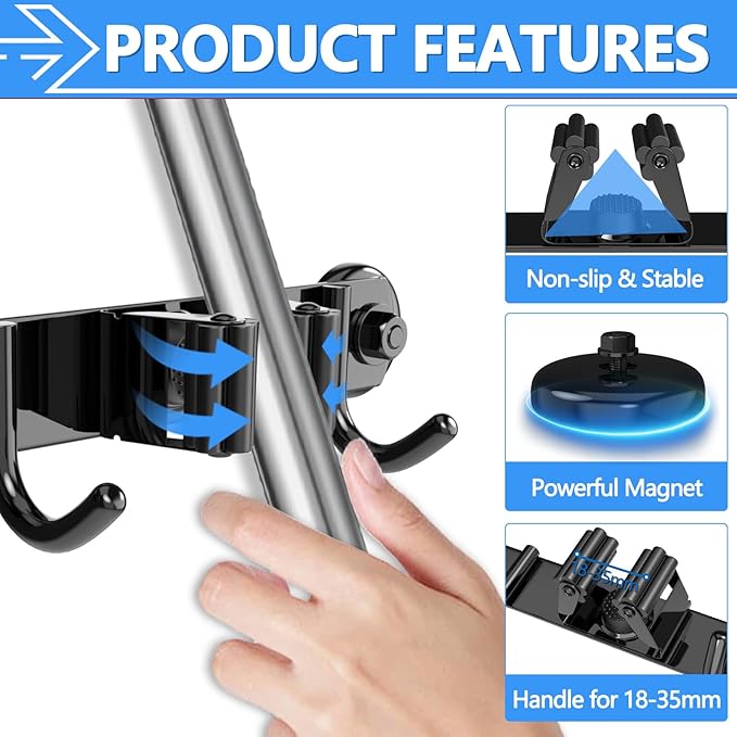 3-H Magnetic Broom Holder Wall Mount 1 Pack, 2-in-1 Dual Mount (No Drill or Screw Fix), 304 Stainless Steel Heavy Duty Magnet Mop Broom Organizer for Kitchen Garden Garage(4 Racks & 5 Hooks,Black)