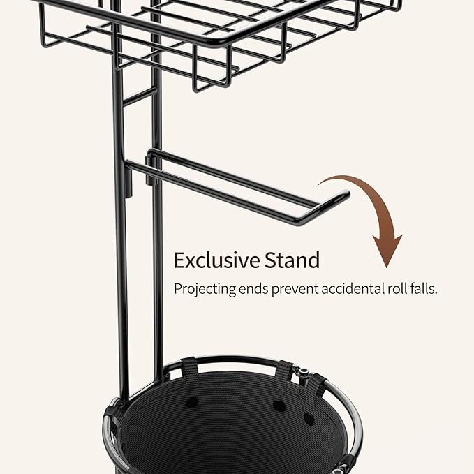 Lewondr Free Standing Toilet Paper Holder, Toilet Paper Holder with Shelf, Bathroom Tissue Roll Storage Rack with Storage Bag for 3 Rolls of Tissue, Black
