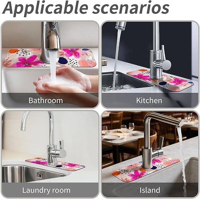 Kitchen Sink Splash Guard，Pink-orange flowers Faucet Mat Sink Gadgets-Super Absorbent Fast Drying Mat Drip Catcher for Kitchen, Bathroom,Sink Mat, Dish Drying Mat, Bathroom(15" X 5.5" )
