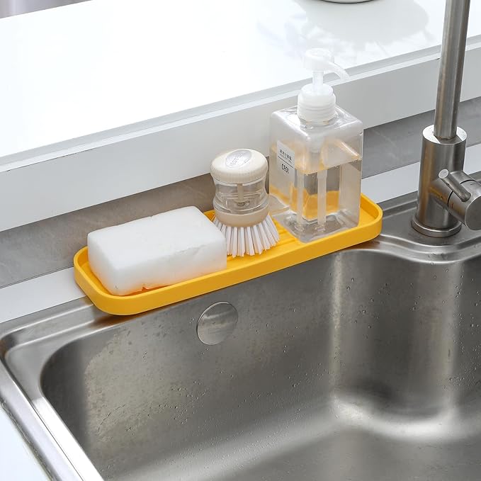 Silicone Kitchen Sink Organizer Tray for Multiple Usage,Easy Clean,Eco-Friendly Sponges Holder for Kitchen Bathroom Counter or Sink,Dish Soap Dispenser,Scrubber,Bottle,Cup Yellow 12" x 4”