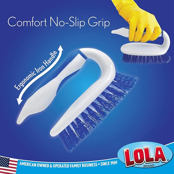 LOLA Iron Shaped Handled Scrub Brush, 2 Pack, Ergonomic Handle, No Slip Grip, Fiber Bristles, Heavy Duty Tile & Floor Cleaner