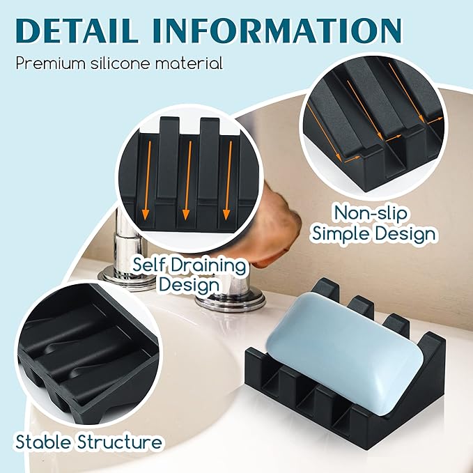 Silicone Soap Dish for Bar Soap Holder for Shower Bathroom Self Draining Waterfall Drying Tray Keep Soap Bars Dry Clean & Easy Cleaning (White+Black, 2)
