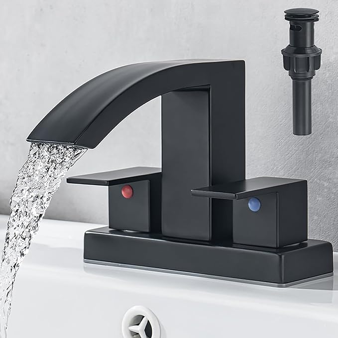 4 Inch Centerset Bathroom Faucet, 2-Handle Waterfall Sink Faucet 3 Hole, Matte Black Vanity Faucet with Pop Up Drain & cUPC Supply Hoses,Waterfall Bathroom Faucet for Lavatory