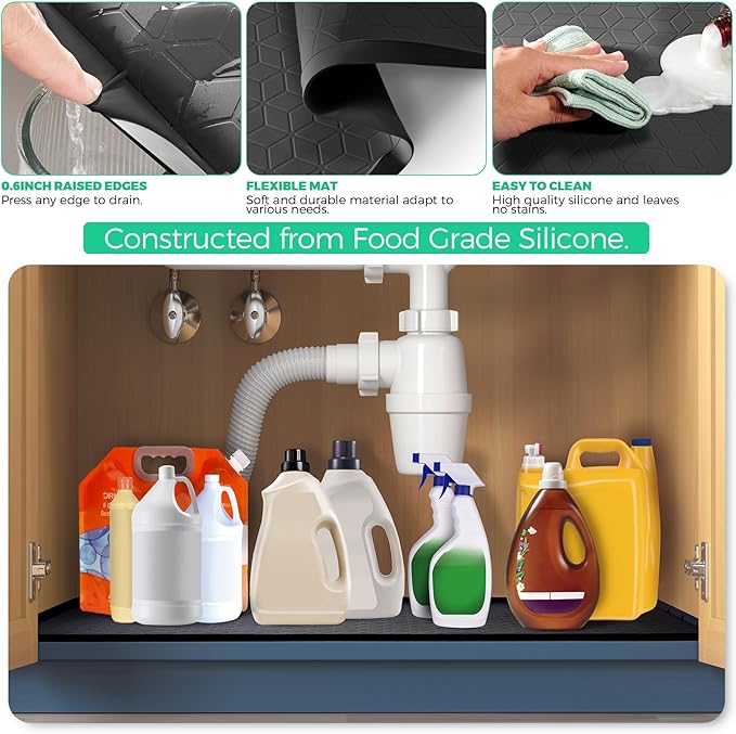 TRZZ Silicone Waterproof Under Sink Mat 22" x 19", Drip Tray and Cabinet Liner for Kitchen and Bathroom, Prevents Water Damage and Organizes Cabinets (Black)