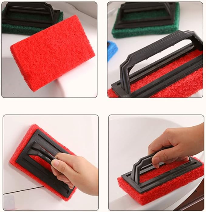 Scrub Sponge Brush with Handle for Bathroom, Bathtubs, Tiles, Glass, Wall, Ceiling and Floors - Ergonomic Handle, Versatile - 1 Count