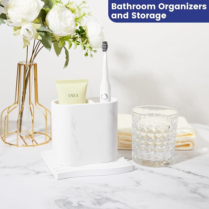 Diatomite Toothbrush Holders for Bathrooms, Electric Tooth Brush and Toothpaste Holder for Bathroom Countertop, Marble White Bathroom Accessories, 2 Slots Toothbrush Organizer