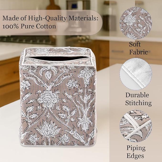 Ridhi Taupe Block Print Tissue Box Cover Handmade Cotton Fabric Decorative Square Napkin Holder for Home Bedroom Living Room Bathroom Vanity Countertop Car Night Stands Office Kitchen