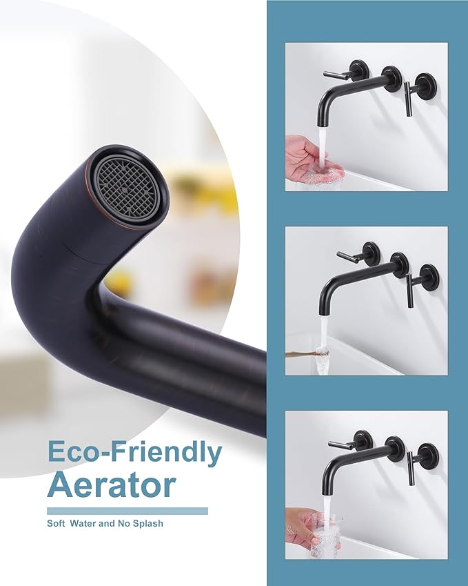 Wall Mount Bathroom Faucet:Oiled Rubbed Bronze Wall Faucet High Flow Two Handles Stainless Steels,Long Spout Reach,Widespread Bathroom Sink Faucet with Rough-in Valve 3 Holes Elegant Classic Spout
