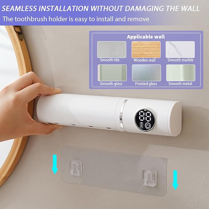 Toothbrush Holders for Bathroom, Smart Automatic Cleaning and Recirculating Air Dry, LED Display, Rechargeable Wall Mounted Toothbrush Holder, Creative Fashion Bathroom Accessories (White)